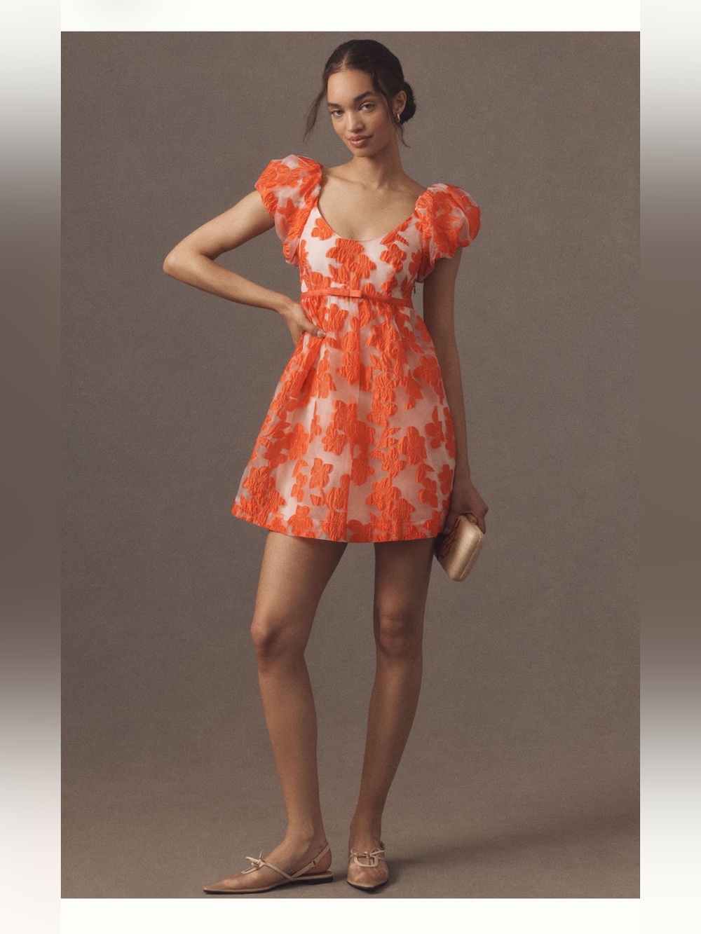 Anthropologie Coral Floral Puff-Sleeve Mini Dress